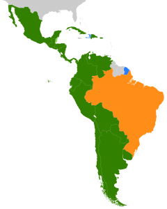绿色:西班牙语;橙色:巴西葡萄牙语;蓝色:法国